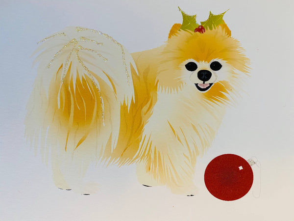 Christmas Pomeranian Dog, Holiday Card