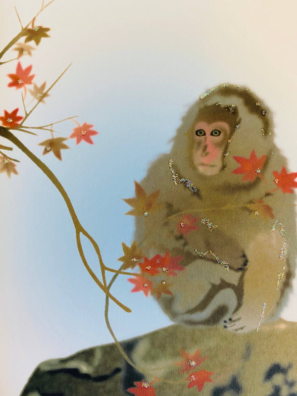 Snow Monkey and Japanese Maple Branch, Everyday Card