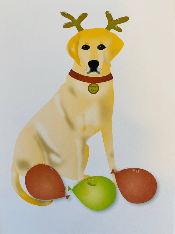 Christmas Yellow Lab Dog + Antlers, Holiday Card